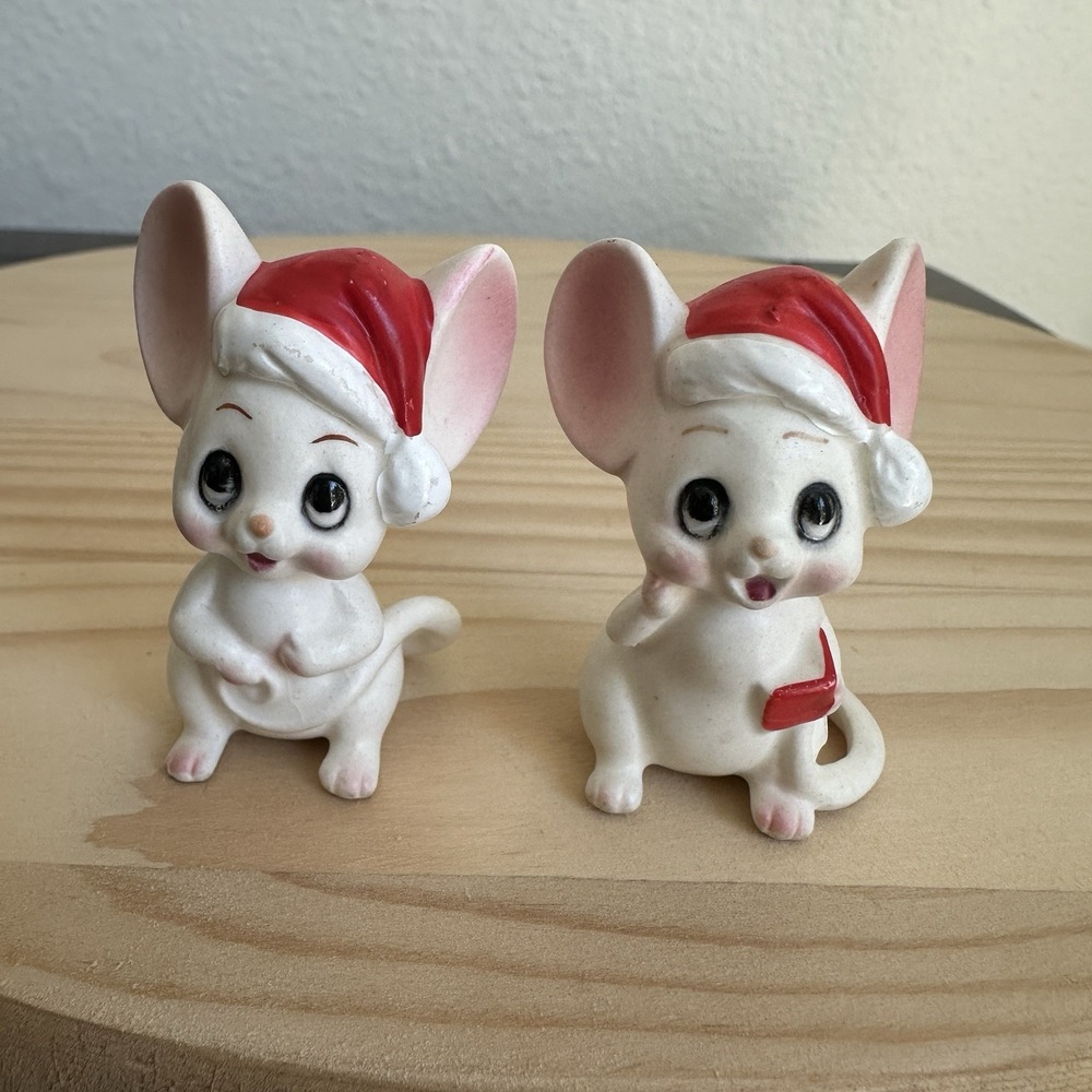 Vintage Lefton Christmas Mice 1.9 Inch Porcelain White Red Hats Mouse Set of 2